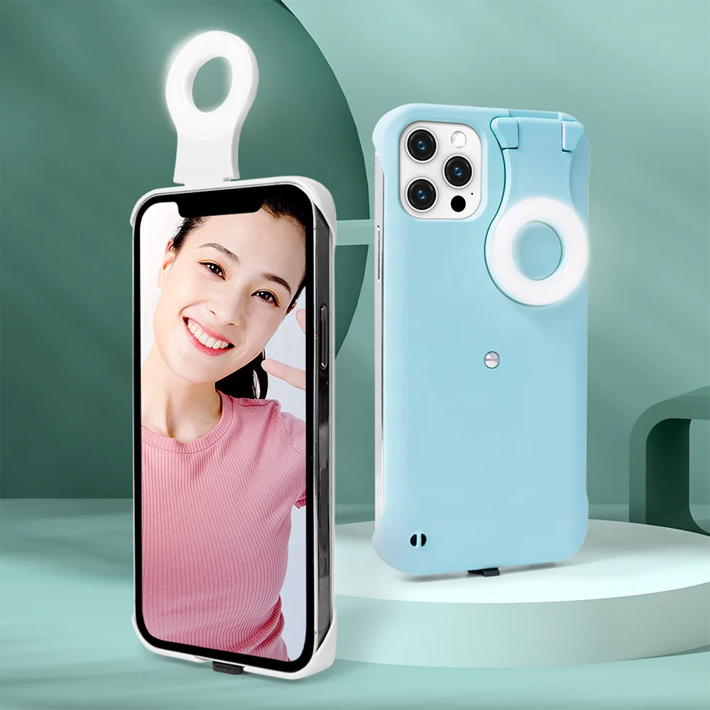 

Girl Lady selfie square fill light phone case ring flashing cell phone case for iphone 12 pro max portable flashlight cellphone, White, blue
