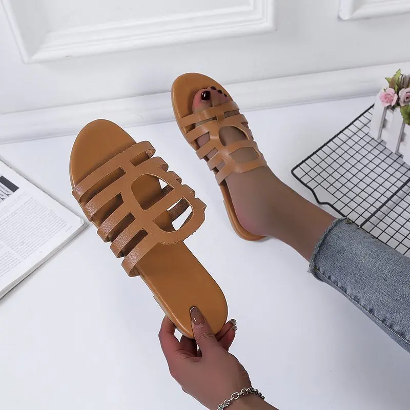 

2021 Europe And The United States Summer New Flat Heel Round Head Hollow Slippers Women, White, green, black, khaki