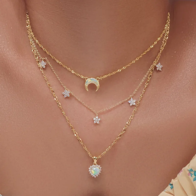 

Hot Sale Micro Pave Rhinestone Flower Moon Heart Necklace Adjustable Crystal Moon Heart Layered Necklaces Women