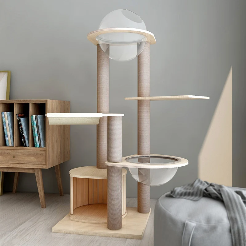 

O-05 PLUS Hot Sell Luxury Modern Large Capsule hammock cat Climbing Framee Solid Wood Cat Condo House Tower Cat Tree, Yellow
