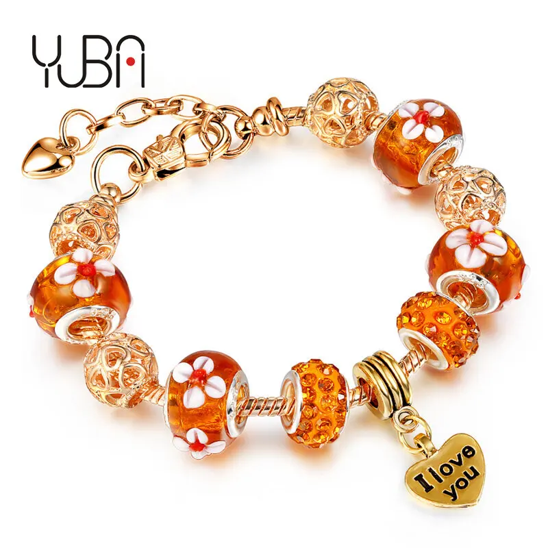 

Most Popular Gold Plating Crystal Glass Bead Flower Charm Bracelet Shiny Crystal Beads Letter I Love You Heart Charm Bracelet