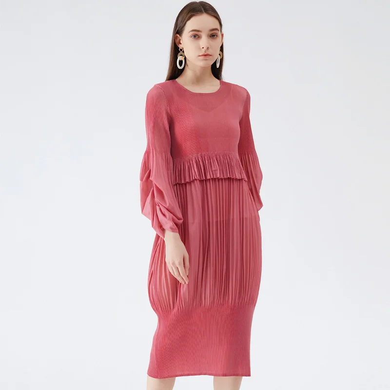 

New Arrive high quality Women Summer Sweet pleated puff sleeve long dress
