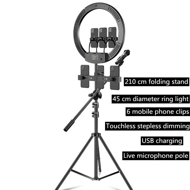 

Hot Selling 18 inch LED Ring Fill Light Microphone Pole 2.1m Tripod Mount 6 Phone Clips Ringlight Full Kits