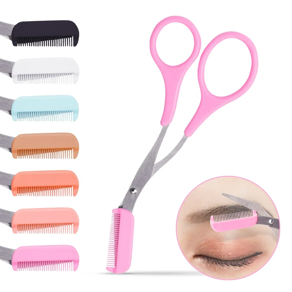 

Stainless Steel Eyebrow Trimmer Scissors With Comb Hair Grooming Shaping Shaver Eyelash Hair Clips Hair Remover Makeup Tools, Pink,grapefruit,orange,brown,blue,white,black