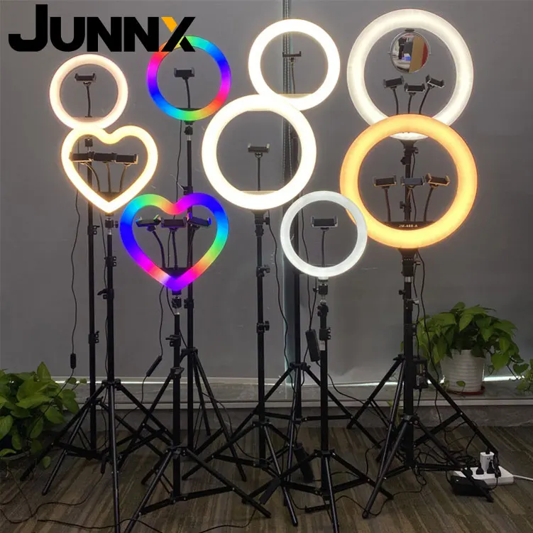 

JUNNX Wholesale 10inch 18inch 21inch 3 Color RGB Ringlight Heart 10 18 21 inch LED Makeup Selfie Ring Light with Tripod Stand