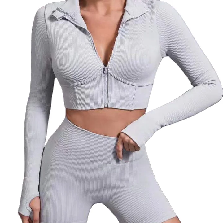 

Aoyema Winter Custom Ribbed Sexy Zip Up Long Sleeve Sportswear Women Seamless Gym Fitness Yoga Shorts Sets