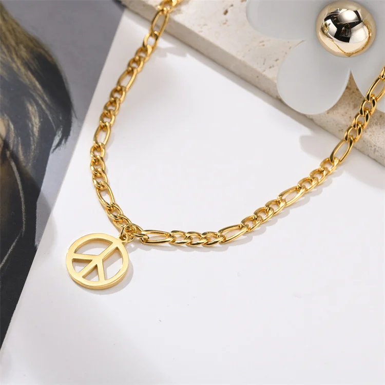 

Ins popular 18k PVD gold plated stainless steel round peace sign pendant necklace