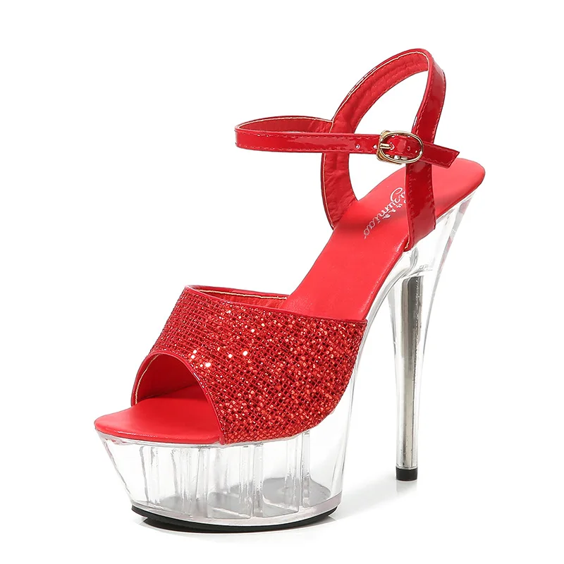 

Bling Crystal Peep Toe Red Sexy Super High 15cm Stiletto heels 6 inches Nightclub Pole Dancing Big Size Women Sandals, Black silver red