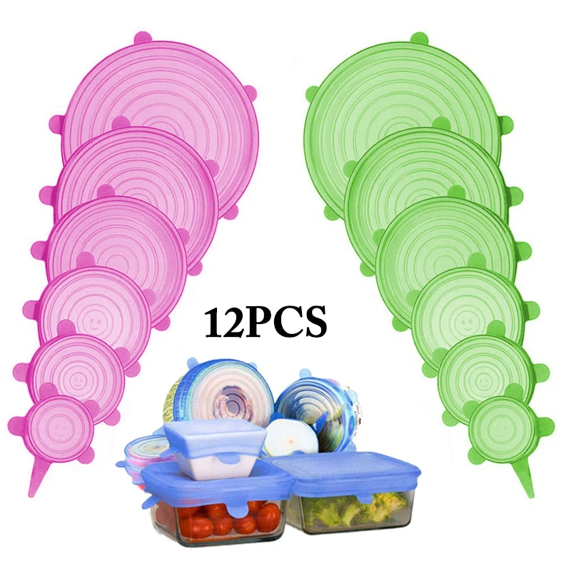 

12pcs Reusable Silicone Bowl Food Cover Elastic Stretch Adjustable Bowl Lids Kitchen Wrap Seal Fresh Keeping Silicone Cookware, Blue,white,pink,green,yellow