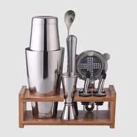 

Factory Direct 800ml coated stainless steel bar tools boston bartender cocktail shaker bar tools set with bamboo wood stand