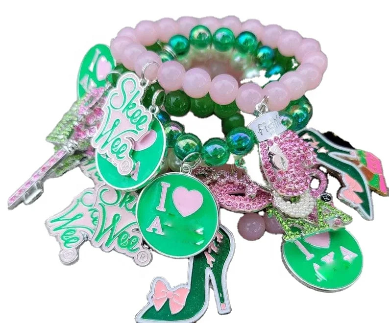 

Pink & Green Soror High Heel Shoe Love Heart Key Lady Skeewee Lip Rhinestones Metal Charm Bracelet Sets Elastic Beaded Bracelets, Picture