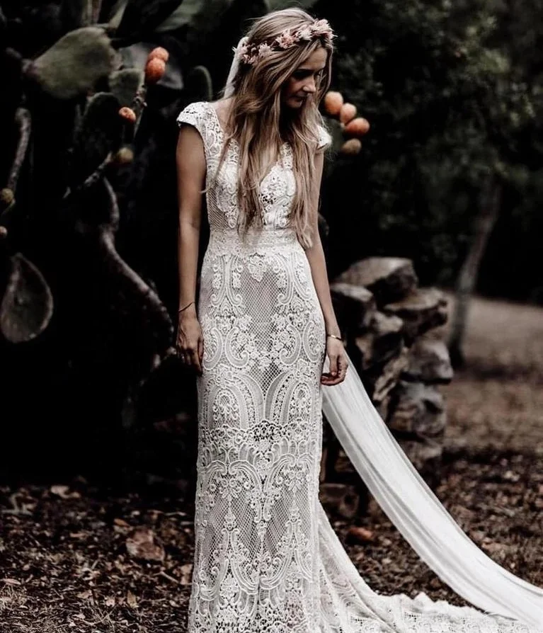 

794#Deep V-Neck Sexy Backless Cap Sleeve Lace Sheath Boho Bohemian Wedding Bride Dress REAL PHOTO FACTORY PRICE CUSTOM MADE