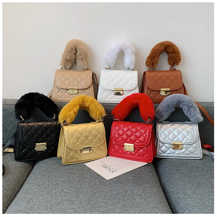 

Diamond Lattice Vintage Ladies Luxury Fur Handle Small Shoulder Bags Branded Quilted Women Mini Hand Clutch Bags Bolsa