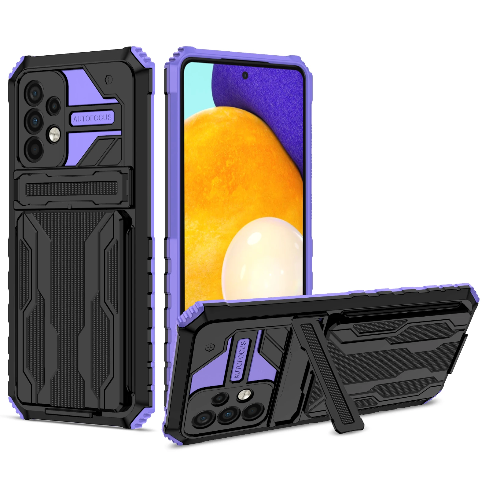 

Luxury TPU PC Hybrid Shockproof Phone Case with Detachable Card Holder and Kickstand For Samsung Galaxy A72 5G, As pictures