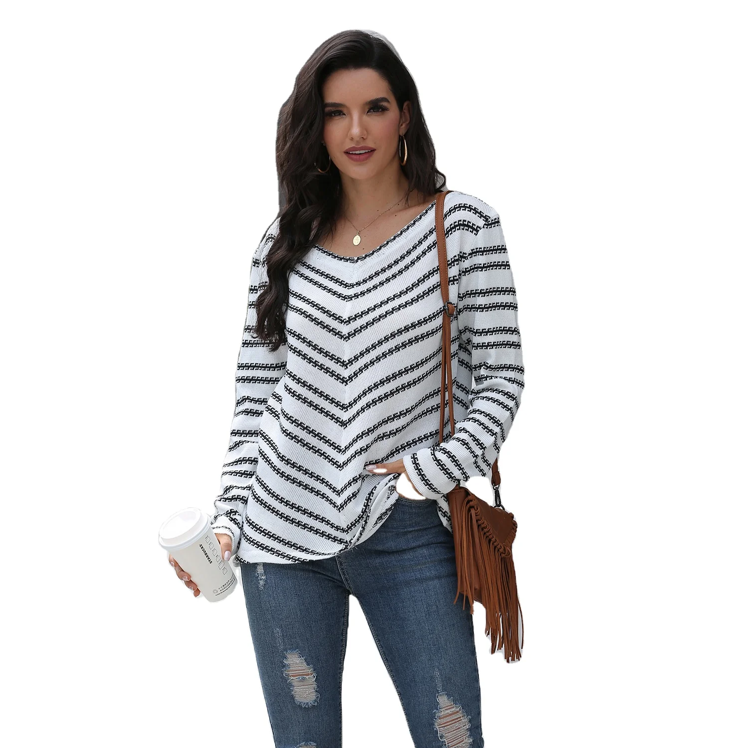 

New women's fall/winter V-neck loose long sweater striped slim knit sweater