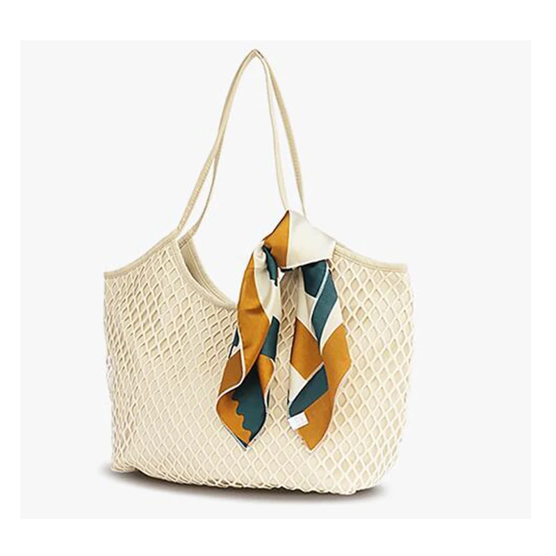 

New Trendy Beach Mesh Handbag Wholesale  Woman Solid Canvas Beach Mesh Bag With Silk Scarf