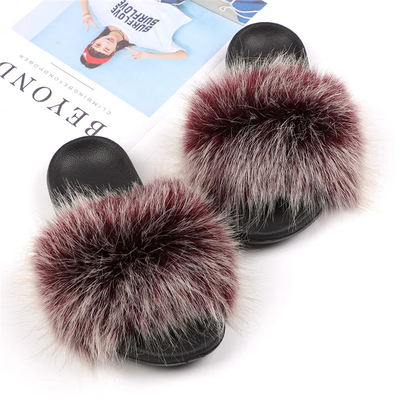 

Hot Sale Custom Logo Faux Fox Fur Slippers For Women Indoor Furry Sandal colorful Slipper Slides, As picture