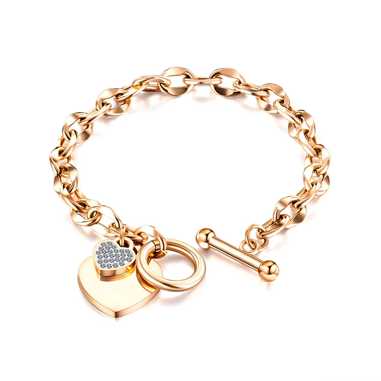

Y036 Wholesale Bracelets PVD Gold Plated Jewelry Stainless Steel Link Chain for Women OT Buckle Heart Charm Bracelet