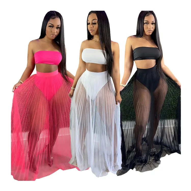 

2021 Fashion Women'S Wrapped Chest Beach Swimsuit Mesh Skirt Sexy Three-Piece Set