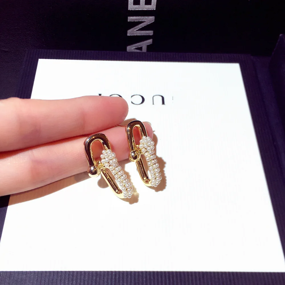 

Pearl real gold plated silver needle geometric temperament stud earrings jewelry wholesale, As pic