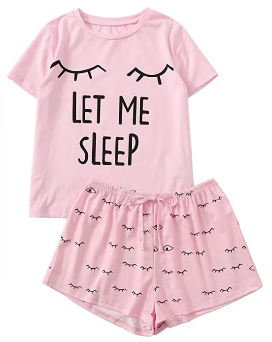 

wholesale Summer girl short sleeve T-shirt LET ME SLEEP print home short pants suit women two piece pajamas set