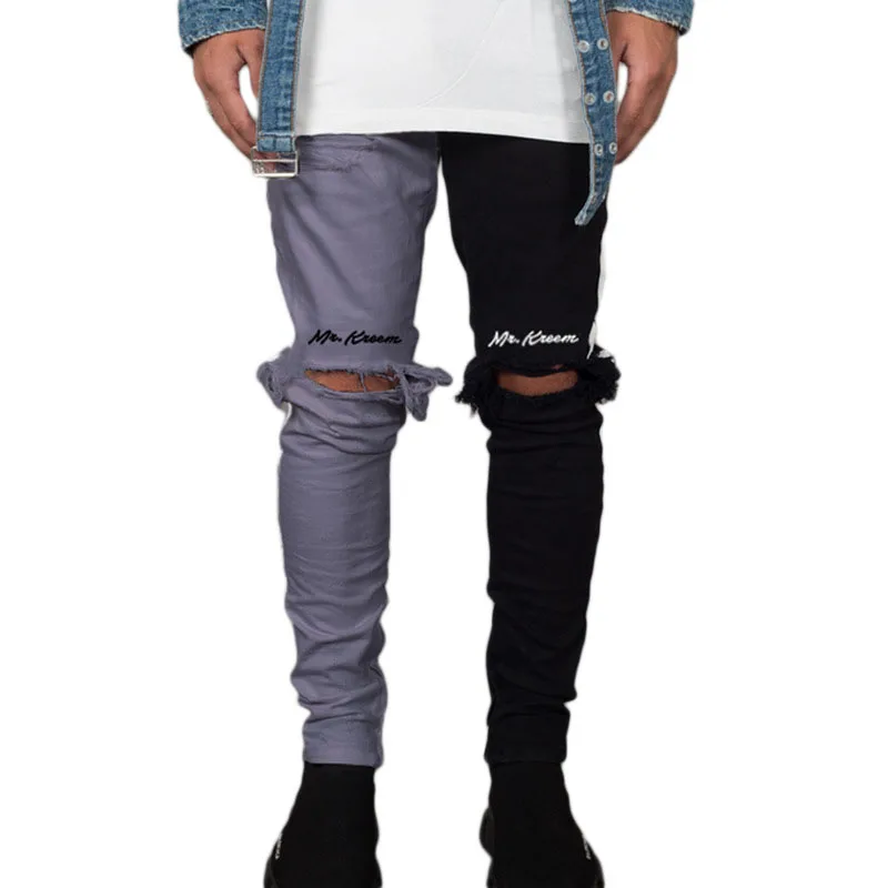 

Summer Ripped Self-cultivation Straight Zipper Feet Color Matching Washed Denim Men Jeans