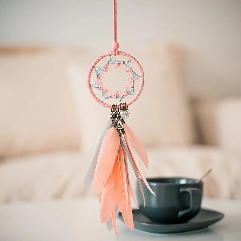 

Mini  Dream Catcher Car Hanging Pendant Indian Style Wind Chimes Feather Dream Catcher for Home Wall Decoration, Gray/pink