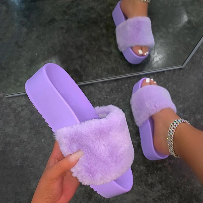 

Fashion trendy cheap ladies footwear platform sexy fur sandals faux fur slides furry slippers