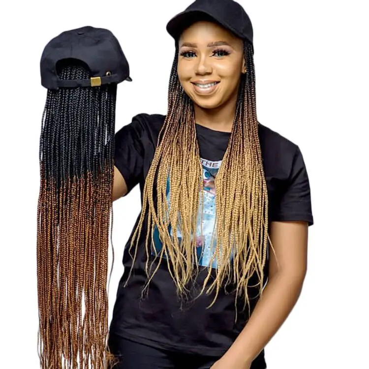 

Long Rainbow Synthetic Braiding Hair White Black Baseball Cap Ombre 3X Box Braids Hair With Baseball Cap Hat Wigs