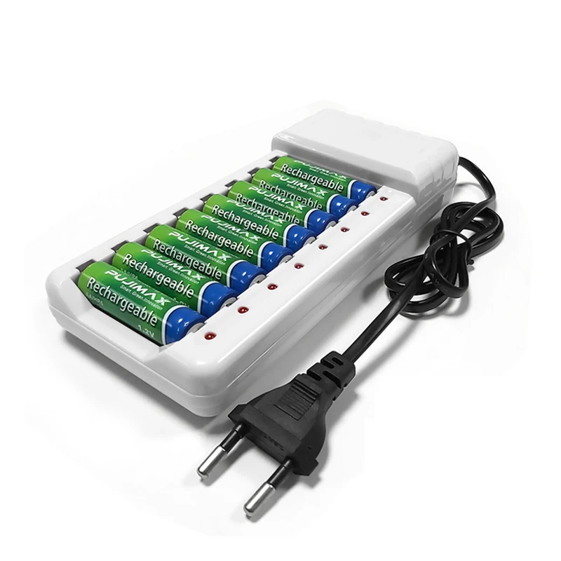 

PUJIMAX 8 slots intelligent battery charger 1.2V AA AAA Ni-Mh Ni-Cd rechargeable battery power charger EU/UK/US plug, White