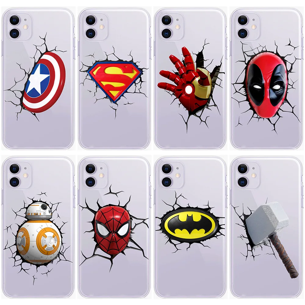

INS Transparency Marvel Man Iron Man Cartoon Spiderman Hulk Mobile TPU Phone Case for iPhone12, Customised