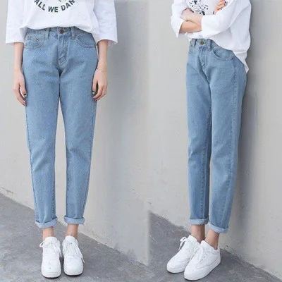 

High Waist Jeans Woman Boyfriends Women's Jeans Full Length Mom Jeans Cowboy Denim Pants, Light blue