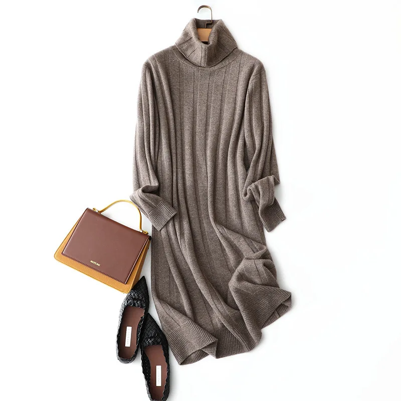 

Winter new high neck 100% cashmere sweater women's long sweater skirt loose bottoming cashmere knitted dress