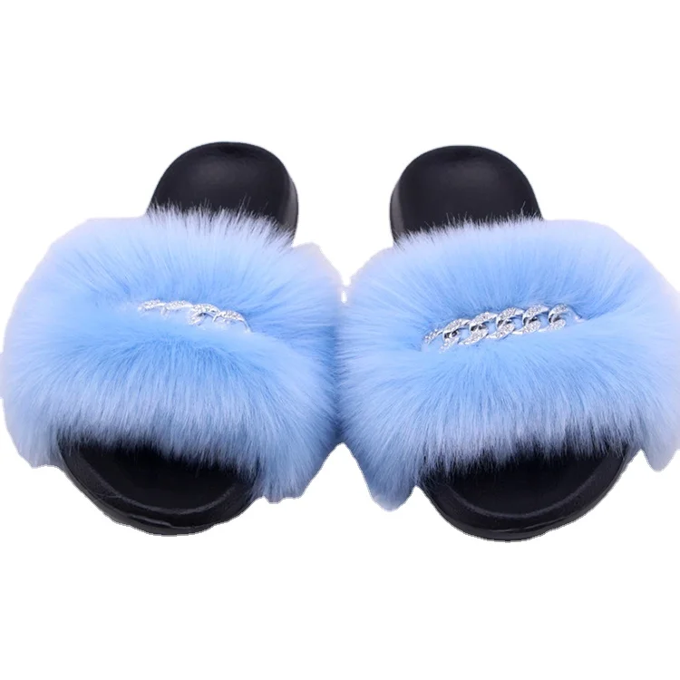 

Fur Flip Flop Slippers Sandals Rhinestone Flat Bottom Imitation Manufacturers Wholesale Fur Slipper, Optional