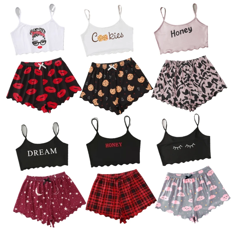 

Cute Suspender Nightwear Sleepwear Cartoon shorts two piece sets Character Stretch 2 pc Pajamas Sets For Women, 17 colors