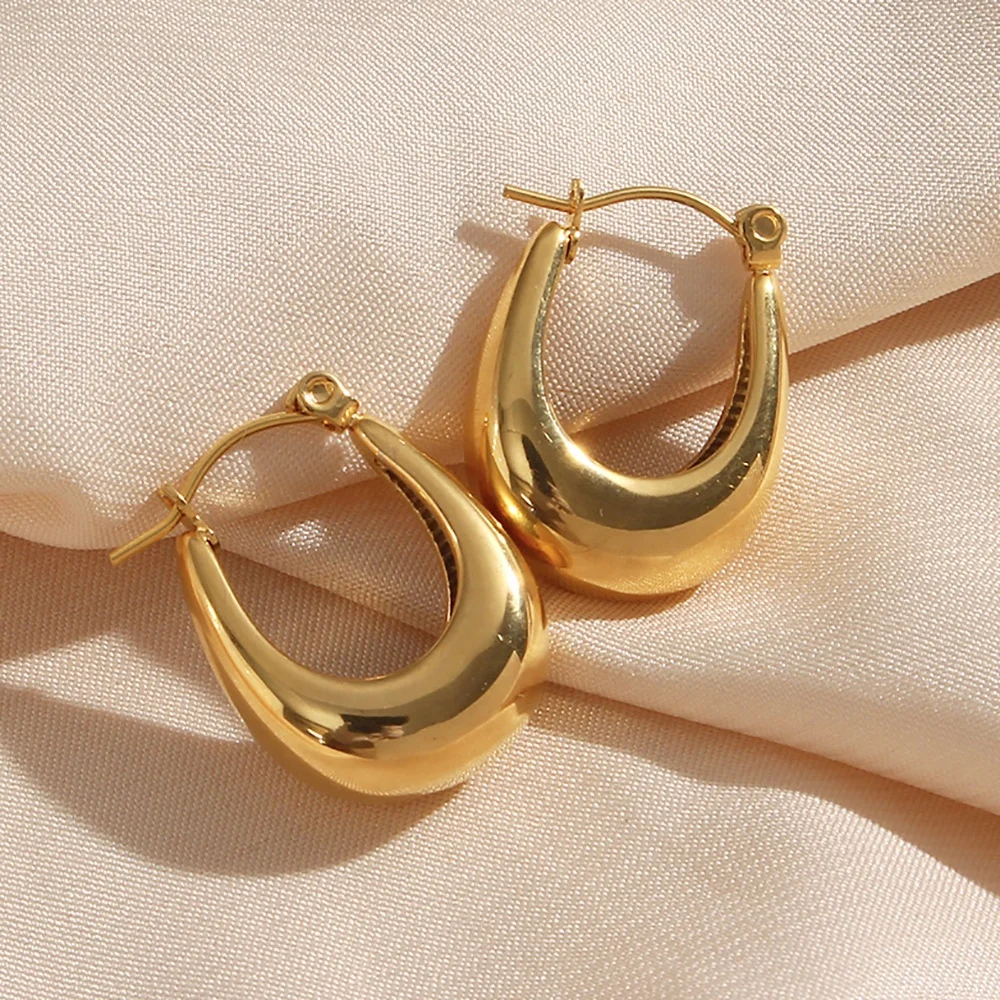 

Minimalist Basic Stainless Steel 18k Gold Plated Boat Shape Hoop Earrings Women's Tarnish Free Hypoallergenic Gold Jewelry
