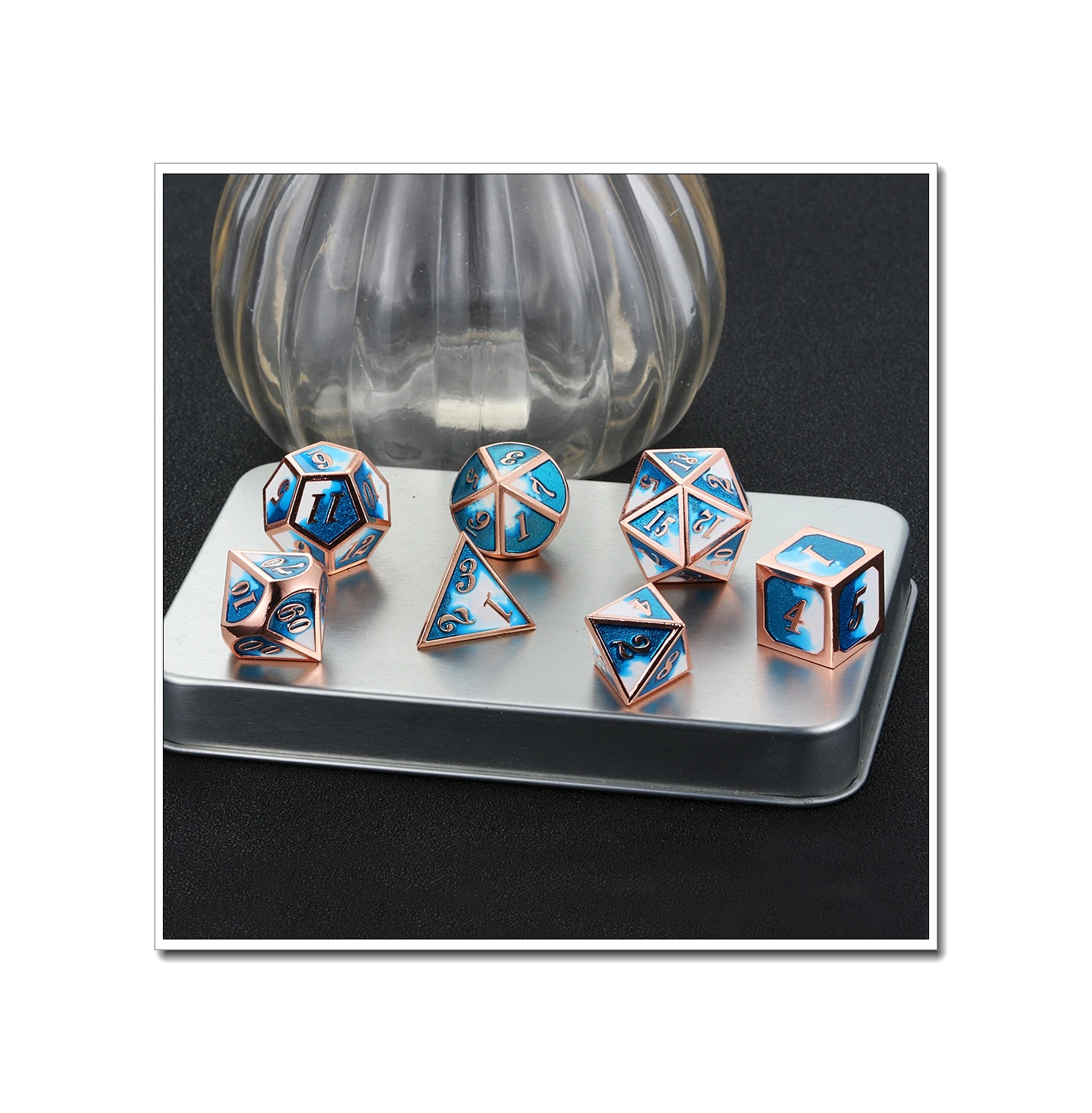

Custom High Quality Customizable Polyhedral Metal Dice Set With Box, White and blue