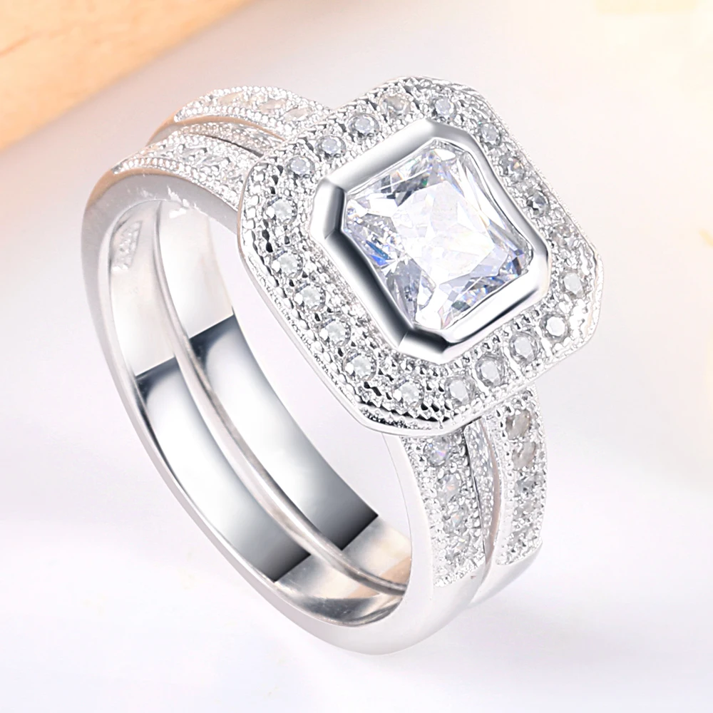 

SKA Art Deco 925 Silver Jewelry Ring Zircon Asscher Cut Gold Plated Women Wedding Ring Set