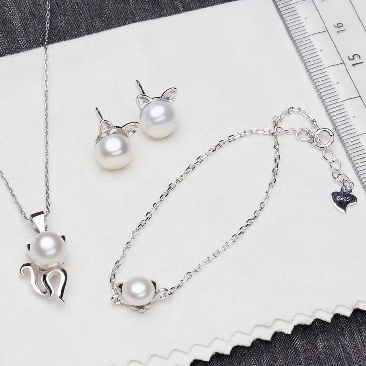 

S925 Silver DIY Cute Cat Natural Freshwater Pearl Pendant Necklace Accessories Three-Piece Ornament Wholesale