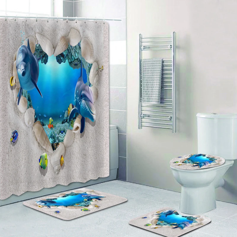 

Toilet three-piece set flannel non-slip floor mat heart-shaped dolphin print shower curtain carpet four-piece bathroom set, Picture