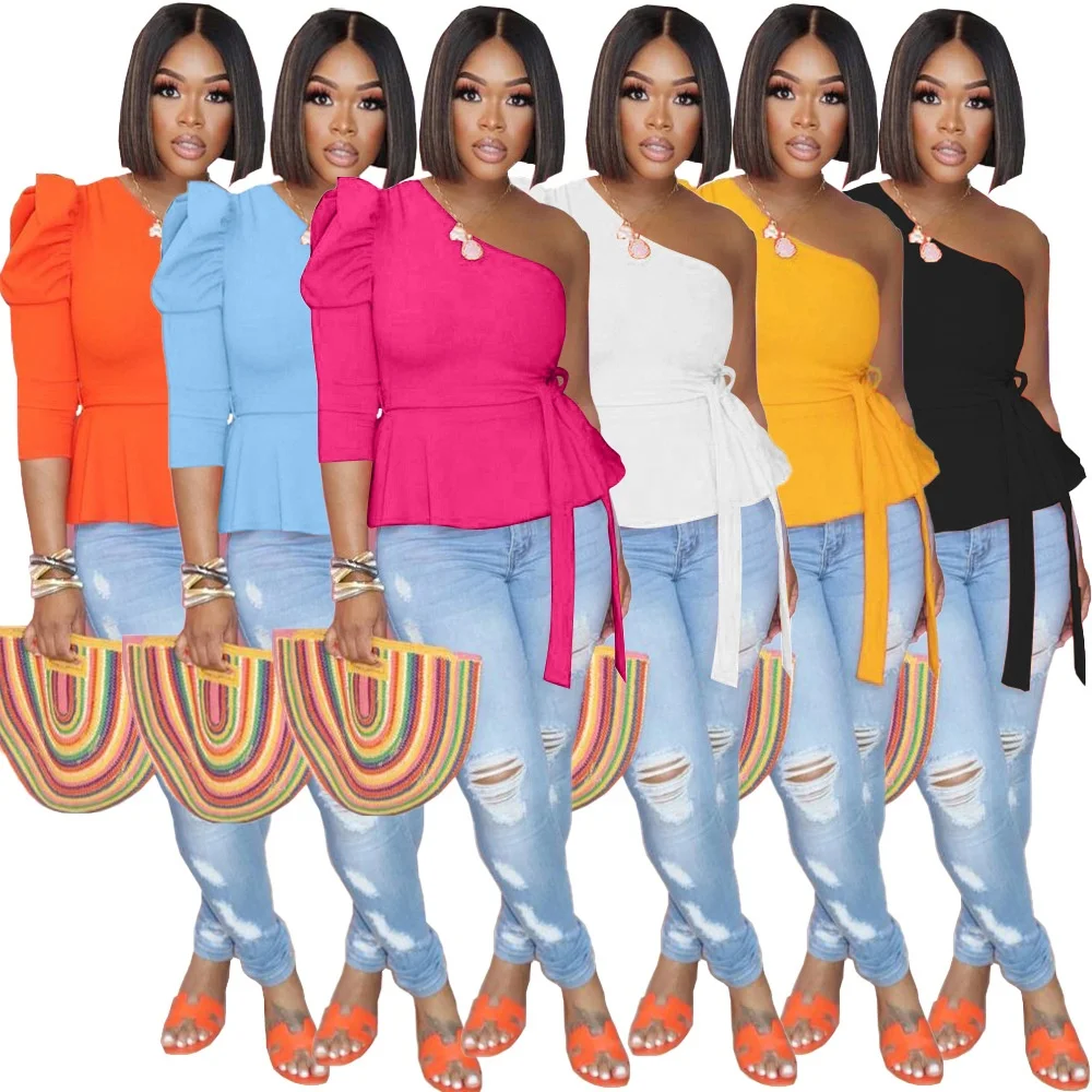 

KX-3265 New season 2021 sexy shirts for women tops puff sleeve elegant women's blouses & shirts with sashes