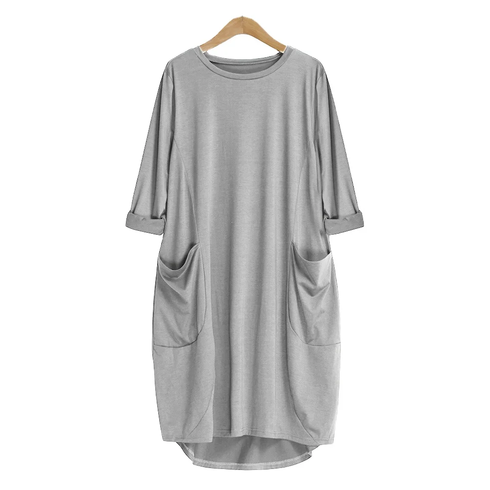 

Womens Dresses Pocket Loose Dress Crew Neck Casual Long Girl Tops Dress