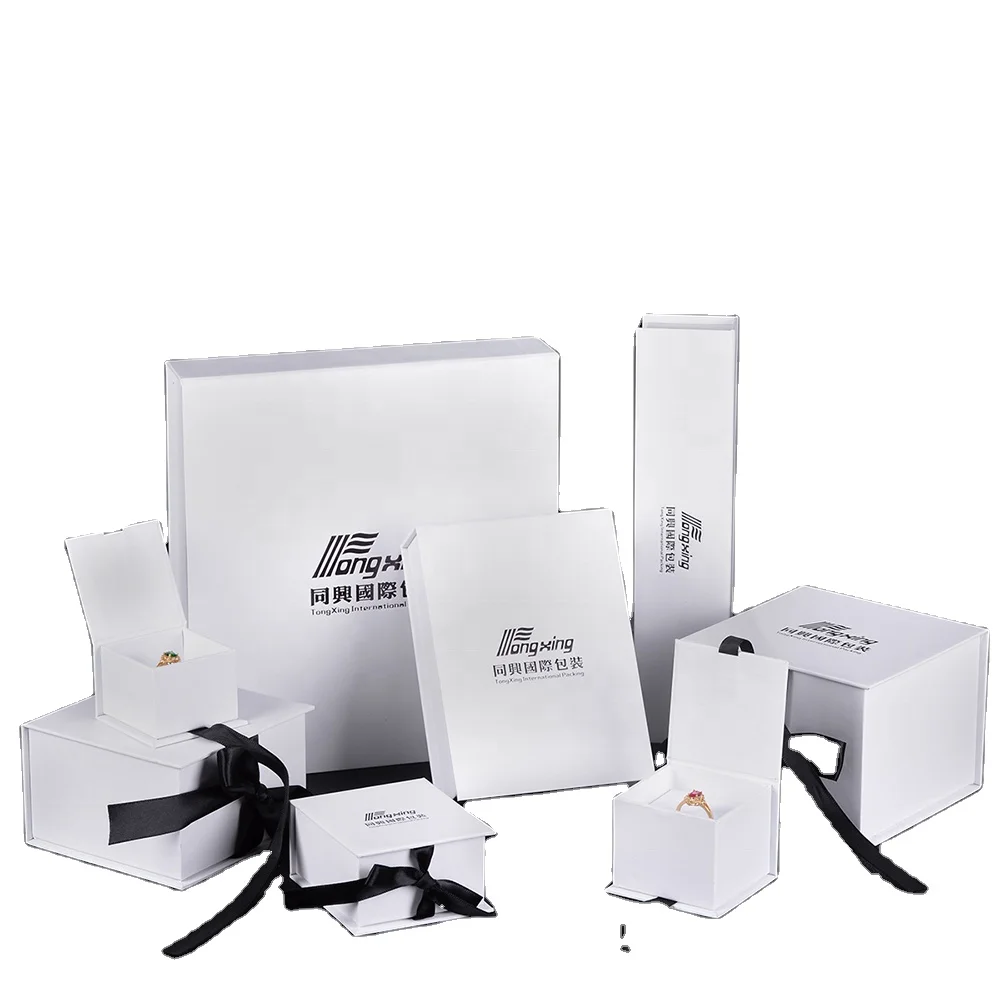 

Wholesale TongXing Custom Logo White Jewelry Boxes Custom Made Paper Gift Packaging with Ribbon Made of Plastic