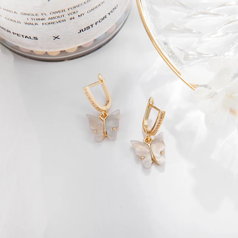 

Cute Korean Style Micro Inlaid Zircon Butterfly Clip On Earrings Colorful Acrylic Small Butterfly Drop Earrings