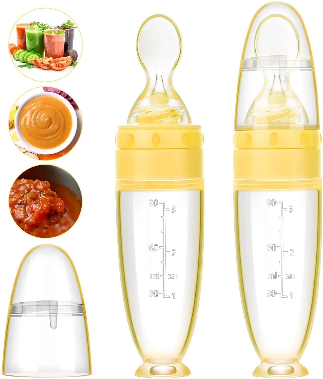 

90ML Washable Pudding Porridge Rice Paste Eating Spoon Silicone Squeeze Feeding Baby Bottle, Pink,blue,gray,yellow