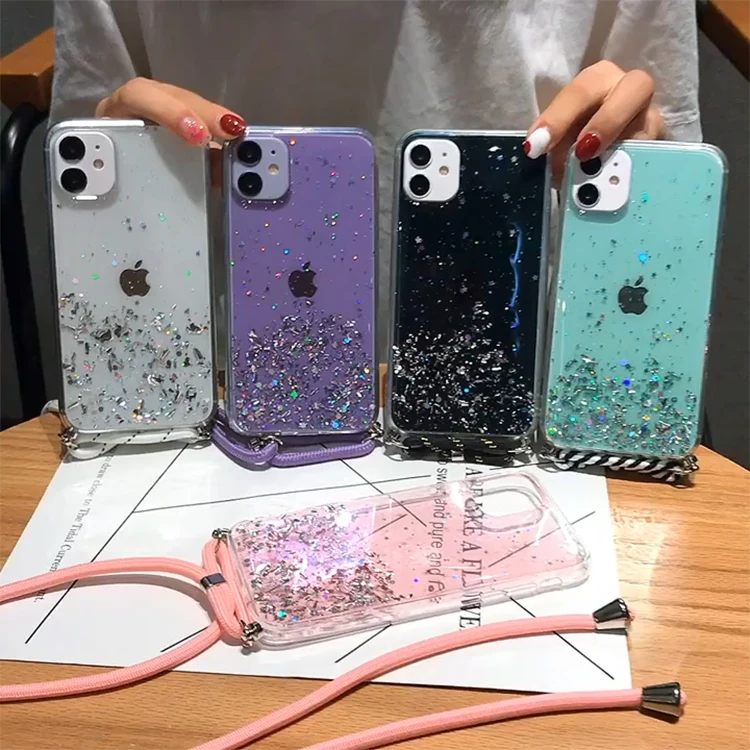 

For iPhone 11 Case Women,Glitter Crossbody Phone Case with Strap Rope For iPhone 12 11 Pro Max XS XR Fundas Para Telefono, Black, pink,white,green,purple