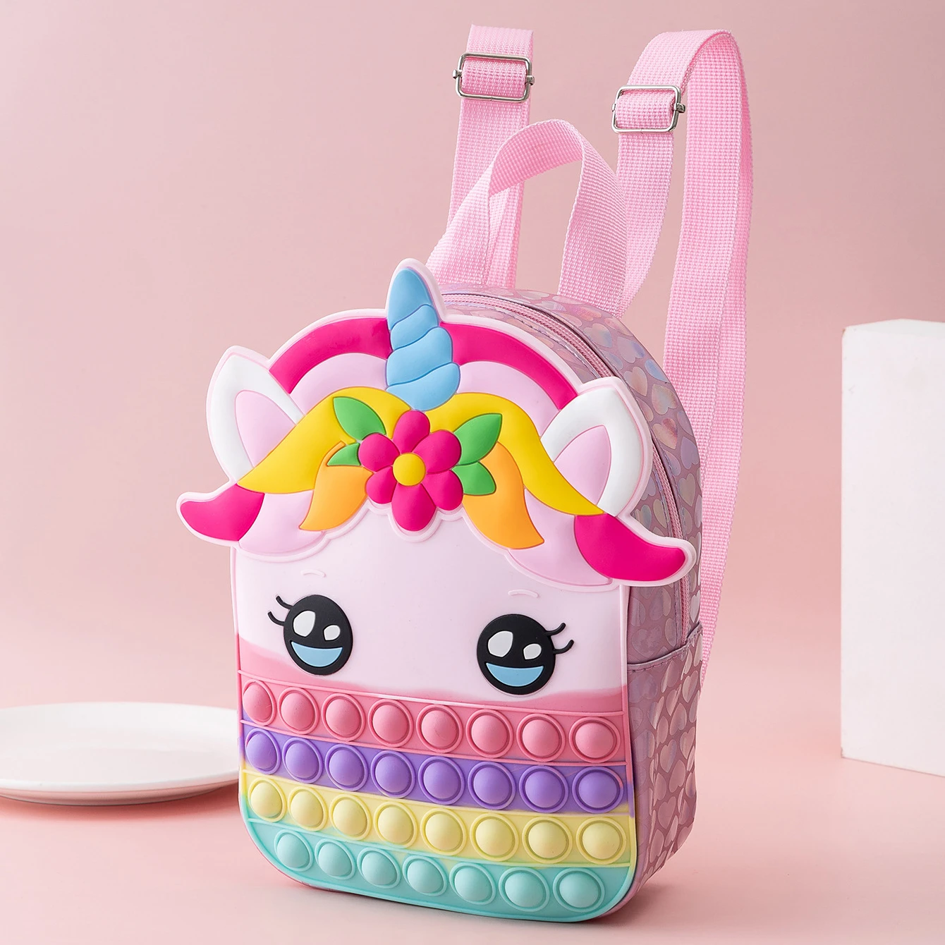

Hot Sale Squeeze Unicorn Tie Dye Push Bubble School Bags Mini Kids Backpack Children Silicone Rainbow Pop Fidget Backpack, Picture
