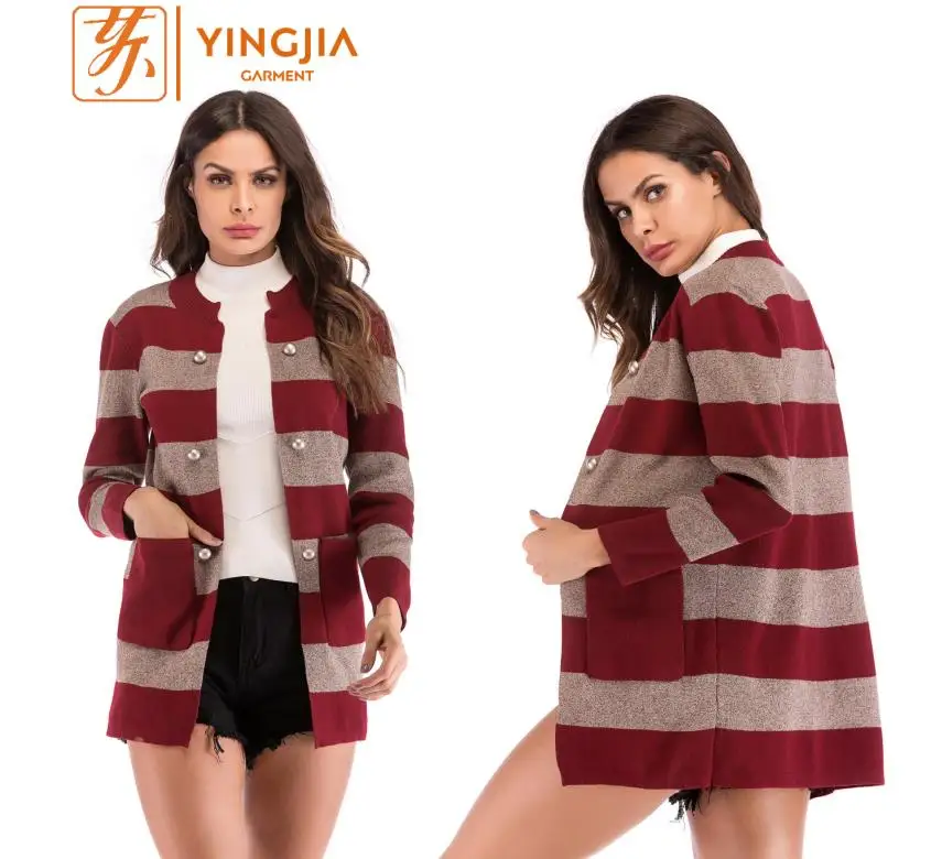 

New Striped Button Pocket Knitted Coat Fashion Round Neck Long Sleeve Jacket Women's Striped Knit Cardigan Coats, Black, blue, red
