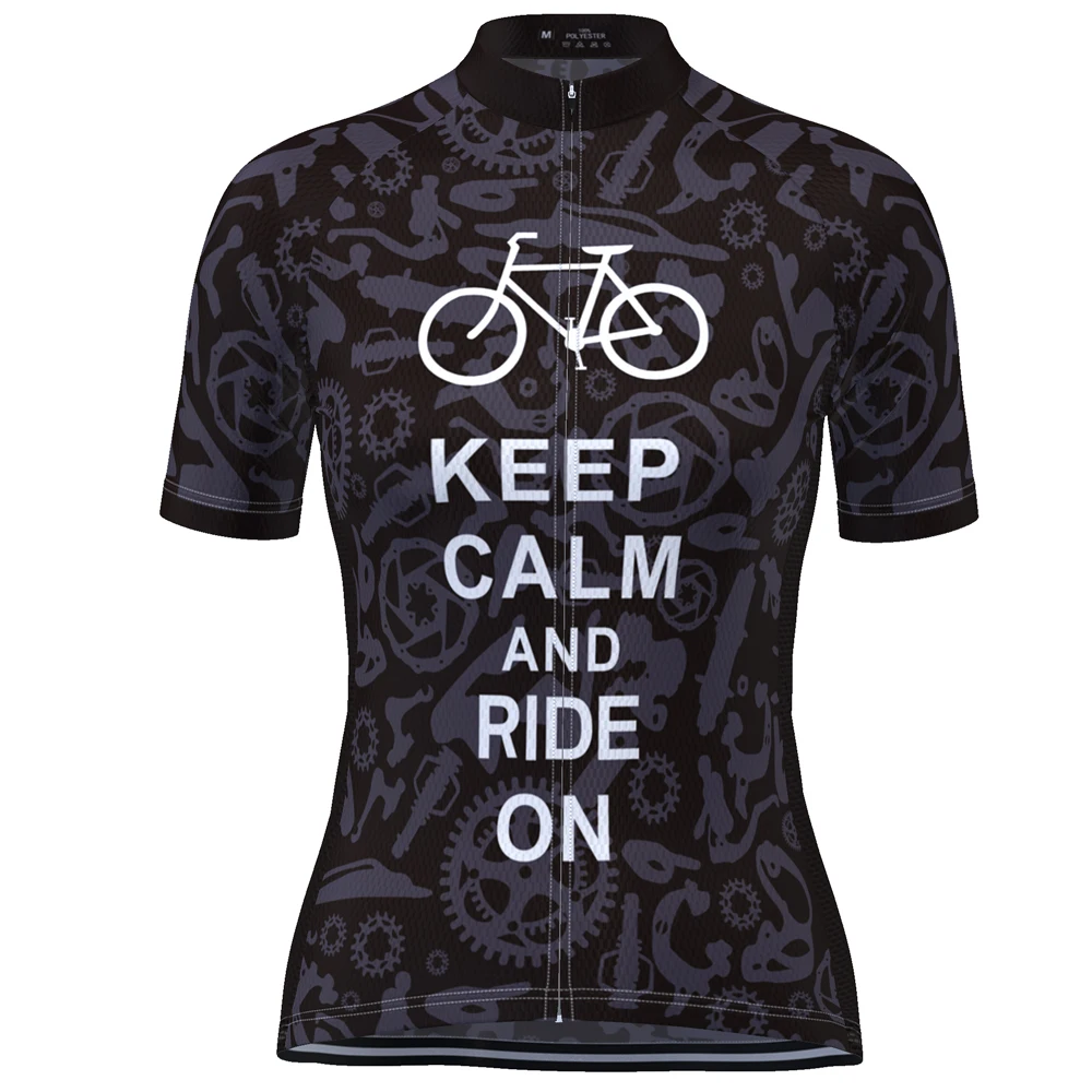 

HIRBGOD TYZ077-03 New Women Breathable Cycling Jerseys Pro Team Polyester Bike Clothing Keep Calm and Ride on Cycling wear, Black