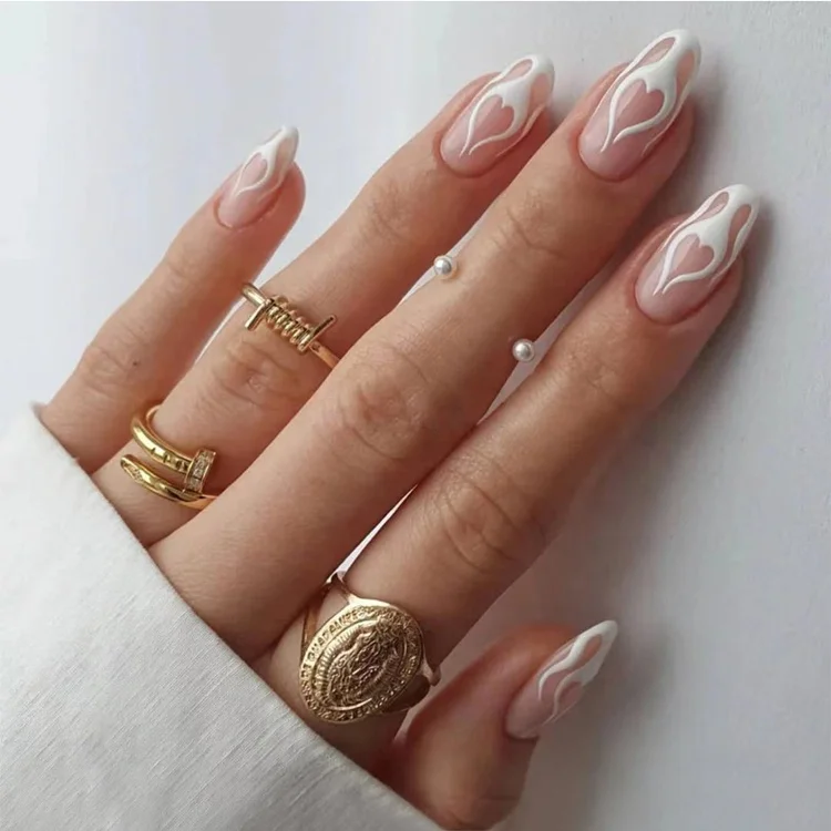 

2021 White Fire Heart Soft Glue Type Press on Nails Art Fake Nails Set, As pic